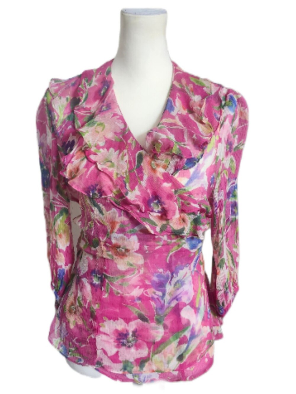 Lauren Ralph Lauren Sheer Pink Floral Wrap Blouse, Silk, 3/4 Puff Sleeves, L - Picture 2 of 9